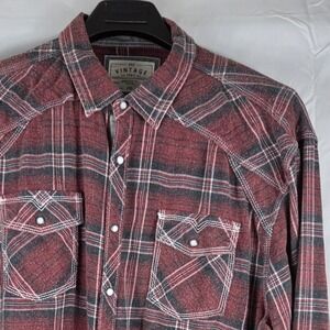 BKE Vintage Mens 2XL Red Gray Plaid Pearl Snap Western Flannel Shirt